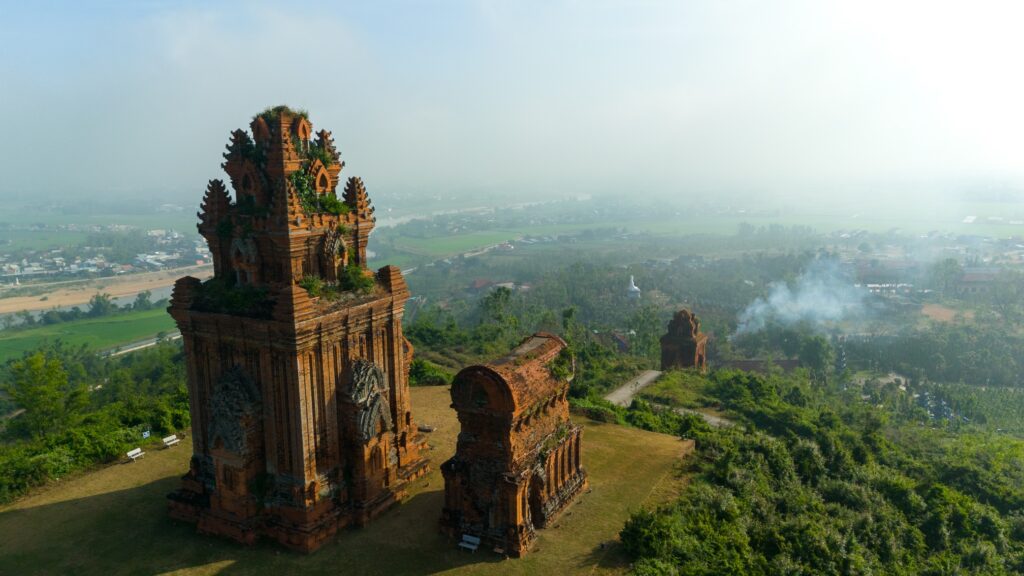 Aerial view of Banh It Cham Towers near Quy Nhon in Gia Lai, Vietnam