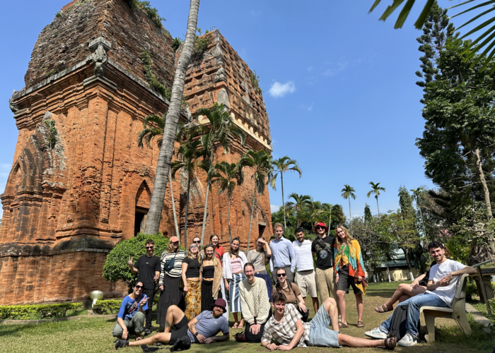 Travelers visiting Thap Doi Twin Towers, an ancient Cham heritage site in Quy Nhon, Vietnam