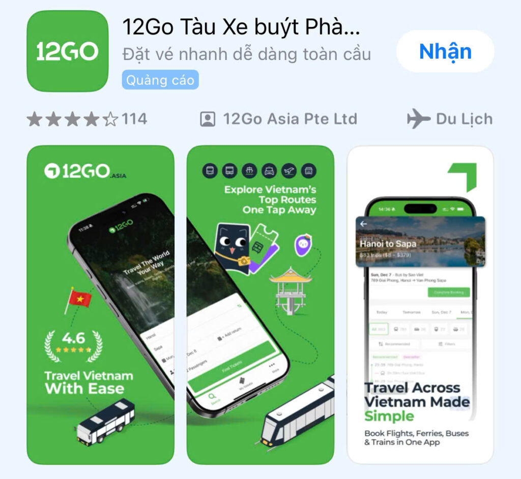 12Go app for booking buses trains and onward travel in Vietnam
