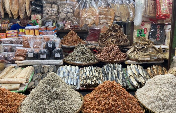Dried seafood and local specialties displayed at a market in Quy Nhon