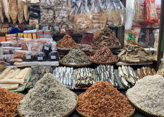 Dried seafood and local specialties displayed at a market in Quy Nhon