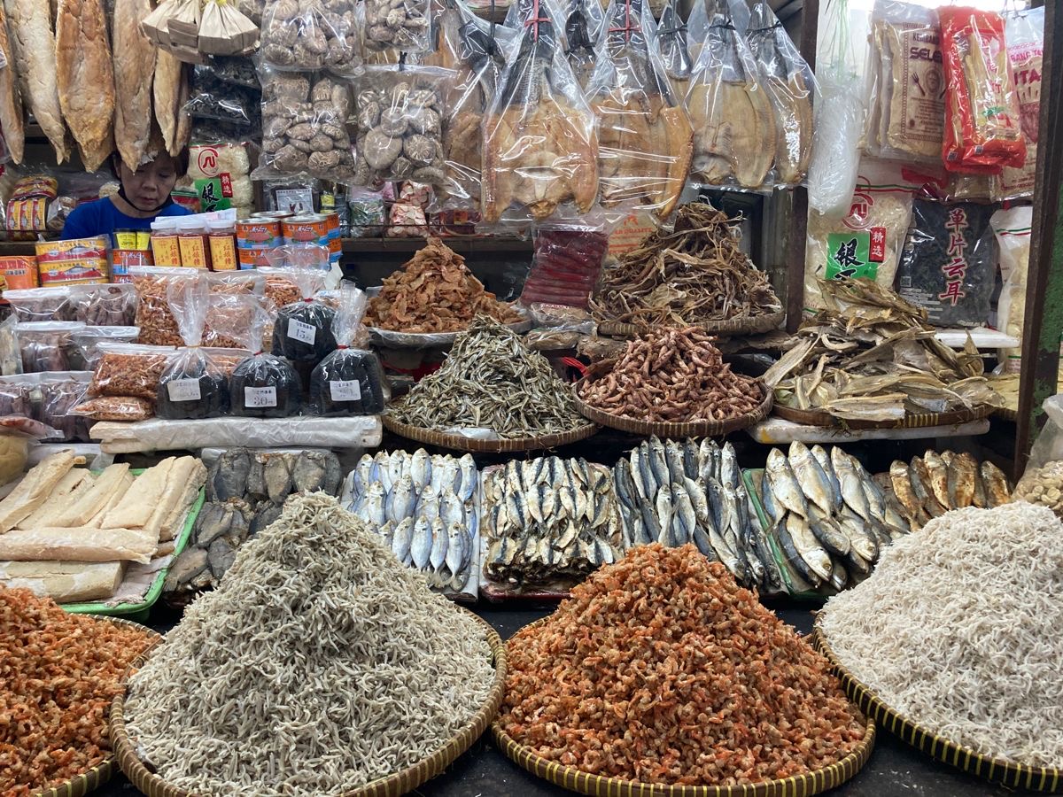 Dried seafood and local specialties displayed at a market in Quy Nhon